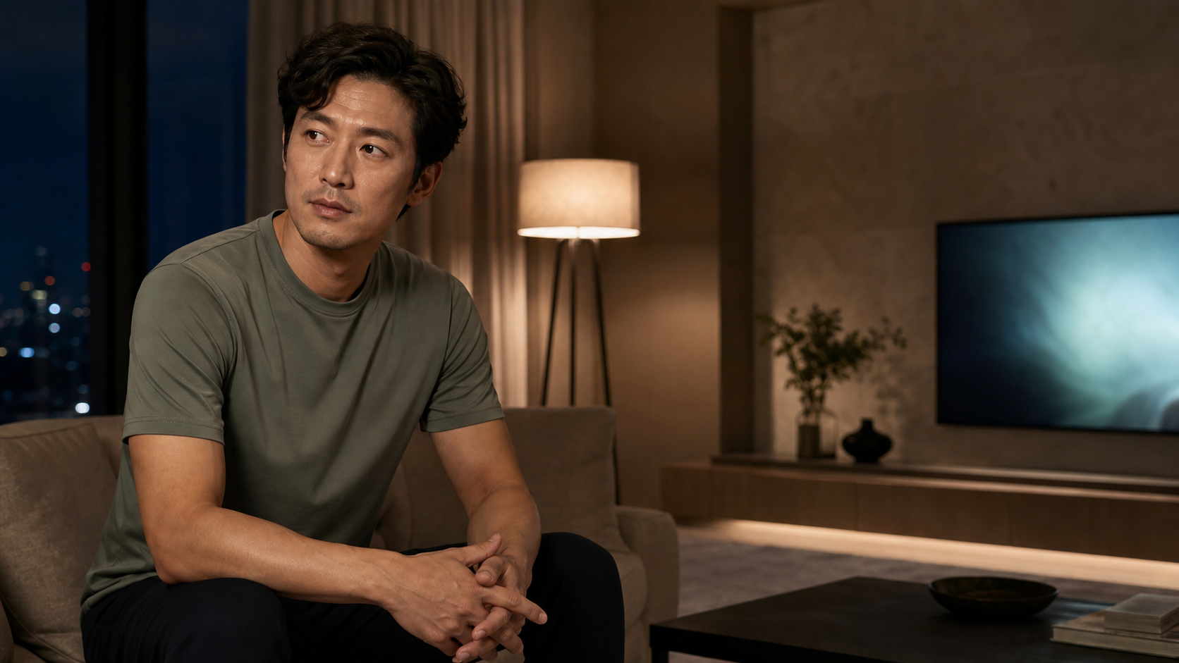 居家客厅中的男士穿着苔藓灰绿美丽诺短袖