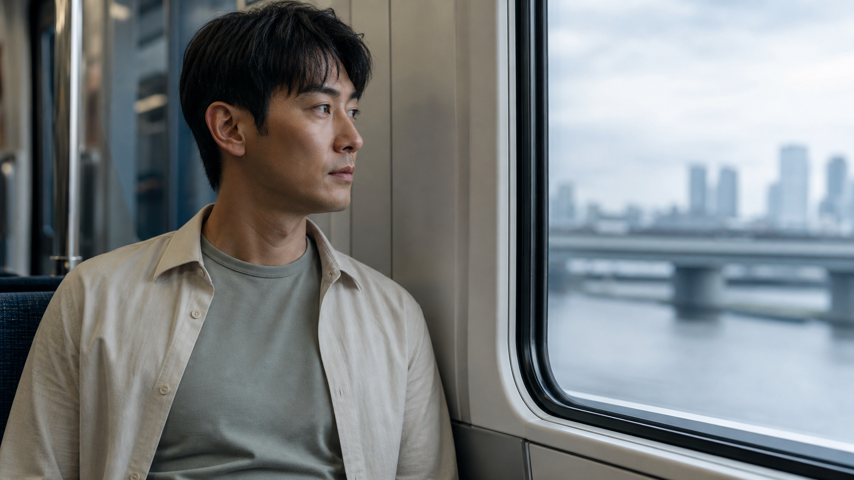 公共交通通勤中的男士穿着苔藓灰绿美丽诺短袖