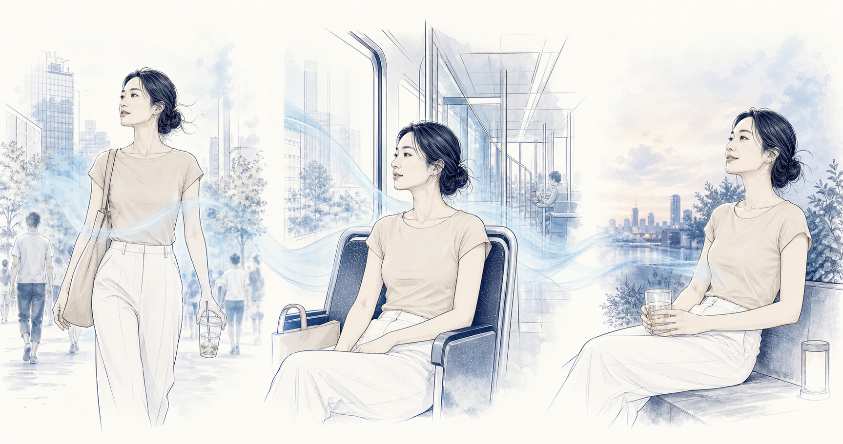 同一位都市女性在湿热通勤、空调过渡和轻运动后休息三种场景中的编辑插画